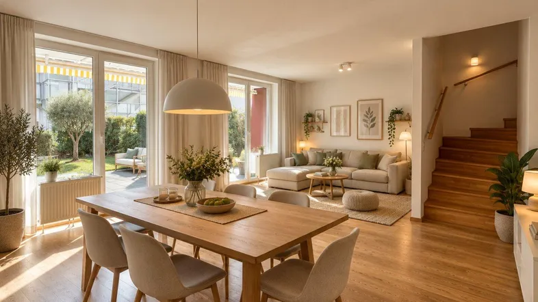 Helles, modern eingerichtetes Wohn-Esszimmer mit Holzboden und direktem Zugang zum Garten.