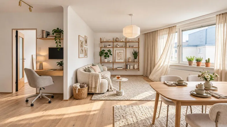 Helles Wohn- und Esszimmer mit Holzboden, modernen Möbeln und integriertem Arbeitsbereich.