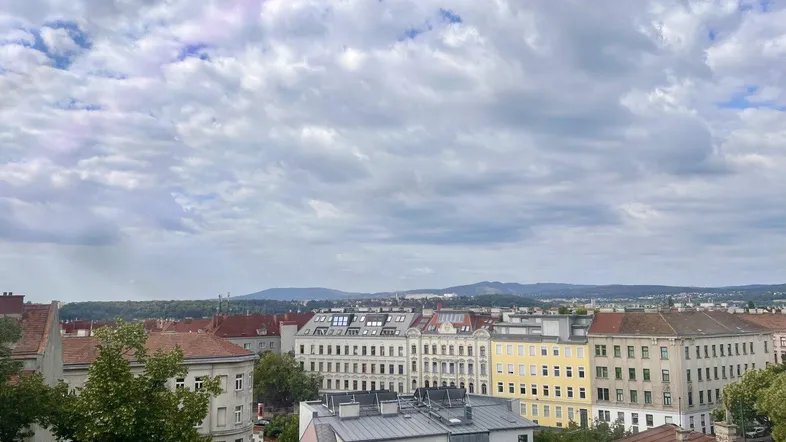 Weitläufiger Blick über die Dächer einer Stadt mit bewölktem Himmel und Bergen im Hintergrund.