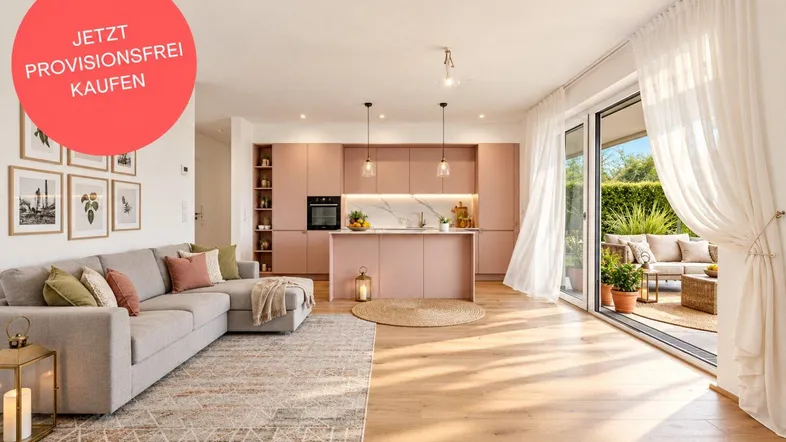 Heller, offener Wohn-Essbereich mit moderner rosa Küche und direktem Zugang zur Terrasse.