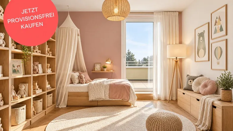Helles Kinderzimmer mit rosa Wand, Holzregal und Zugang zu einem Balkon.