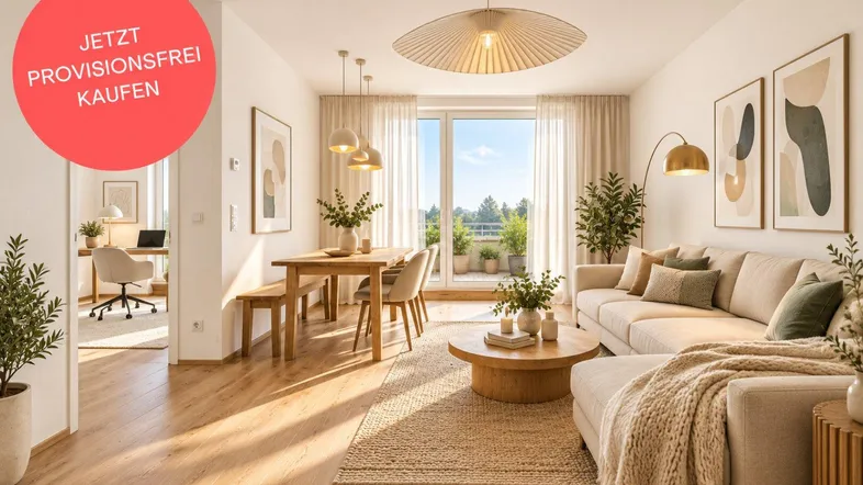 Helles, modern eingerichtetes Wohn-Esszimmer mit Holzboden und Zugang zu einem Balkon.
