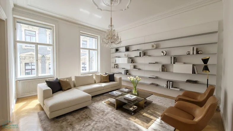 Helles Wohnzimmer mit eleganten Möbeln, hohen Decken, Parkettboden und einem Kronleuchter.