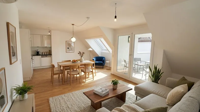 Helles, offenes Wohn-Esszimmer mit Holzboden, Dachschrägen und Zugang zu einem Balkon.