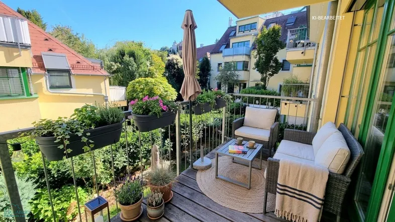 Gemütlicher Balkon mit Sitzgelegenheiten, Sonnenschirm und vielen Pflanzen, ideal zum Entspannen.