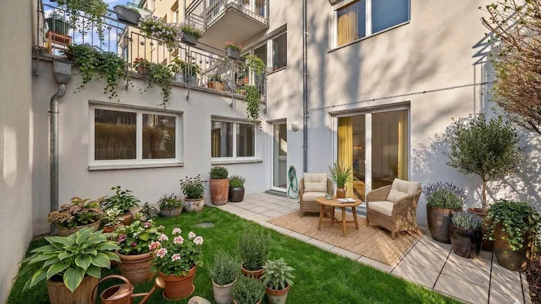 Gepflegter Gartenbereich mit möblierter Terrasse und üppiger Bepflanzung vor einem Mehrfamilienhaus.