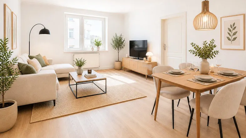 Heller, offener Wohn- und Essbereich mit modernem Design, Holzboden und viel Tageslicht.