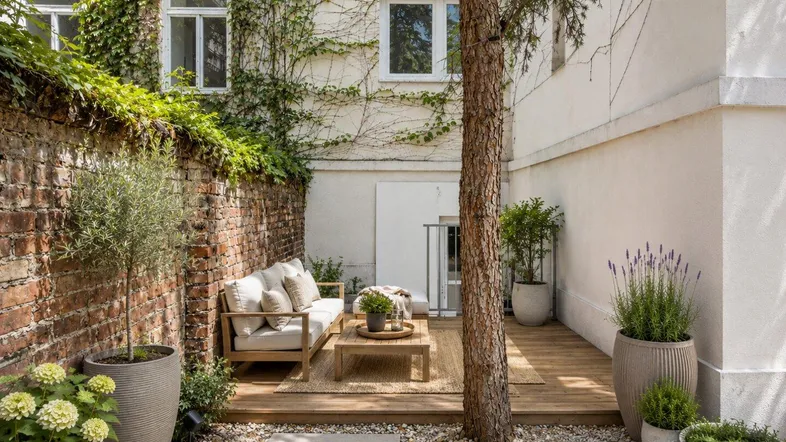 Gemütliche Terrasse mit Holzboden, Sitzgelegenheiten und begrünten Wänden, ideal zum Entspannen.