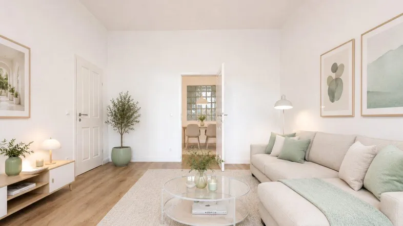 Helles, modern eingerichtetes Wohnzimmer mit beigem Sofa, Holzboden und Blick in den Essbereich.