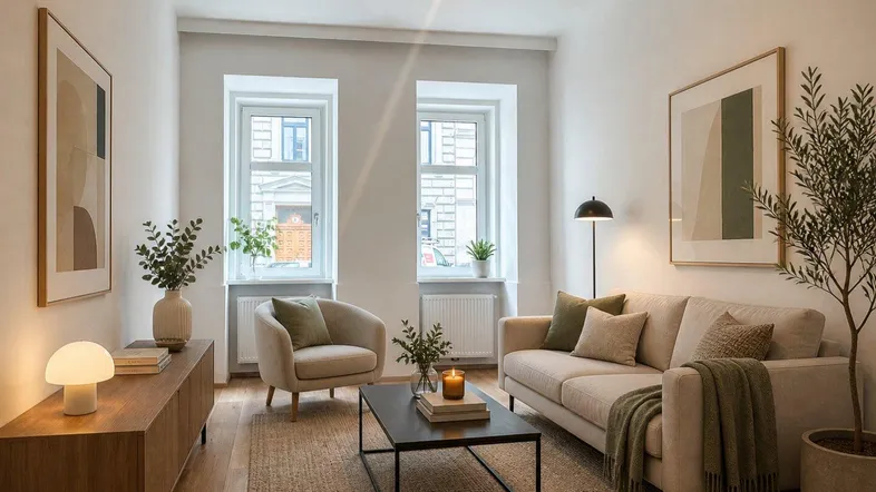 Helles Wohnzimmer mit modernem Mobiliar, Holzboden und zwei hohen Fenstern, die viel Licht hereinlassen.