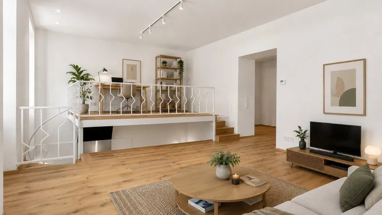 Helles, modernes Wohnzimmer mit hohen Decken, Holzfußboden und einem integrierten Arbeitsbereich auf einer Galerie.