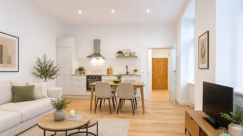 Helles, offenes Wohnzimmer mit integrierter Küche, Essbereich und modernem Design.