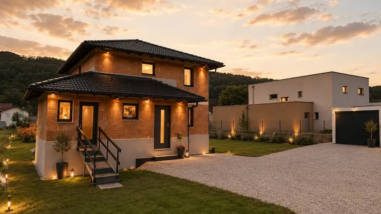 Modernes Einfamilienhaus mit Ziegelverkleidung und beleuchtetem Eingangsbereich bei Sonnenuntergang.