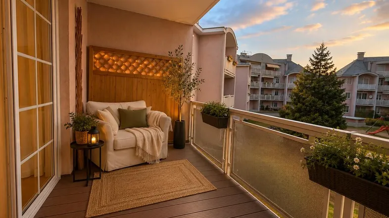 Gemütlicher Balkon mit Sitzgelegenheit und Blick auf die umliegenden Gebäude bei Sonnenuntergang.