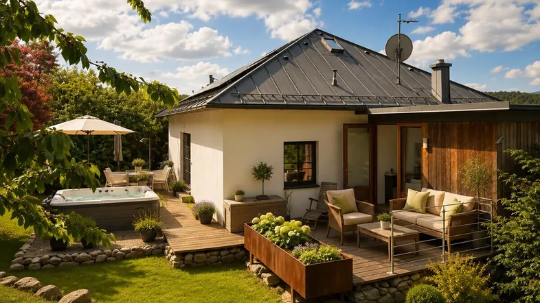 Entspannende Holzterrasse mit Whirlpool, Essbereich und Blick auf den grünen Garten.