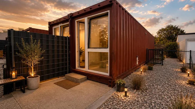 Außenansicht eines modernen Gebäudes aus Schiffscontainern mit Kiesweg und Abendhimmel.