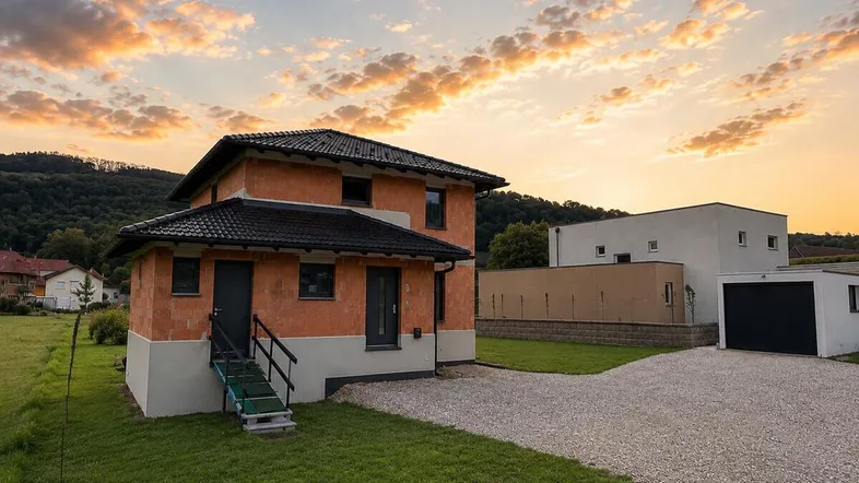 Modernes Einfamilienhaus mit Ziegelmauerwerk und Kiesauffahrt bei Sonnenuntergang in ländlicher Umgebung.