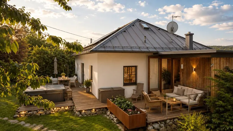 Haus mit großer Holzterrasse, Whirlpool und gemütlichem Sitzbereich im Garten bei Sonnenuntergang.