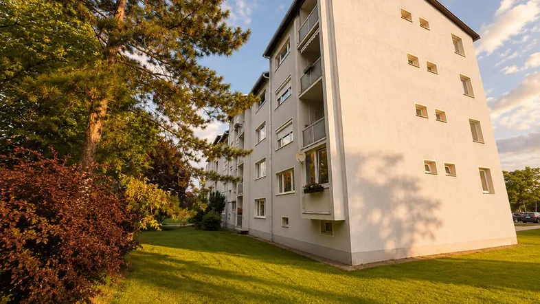Mehrfamilienhaus mit gepflegter Fassade, Balkonen und grüner Umgebung bei Sonnenuntergang.