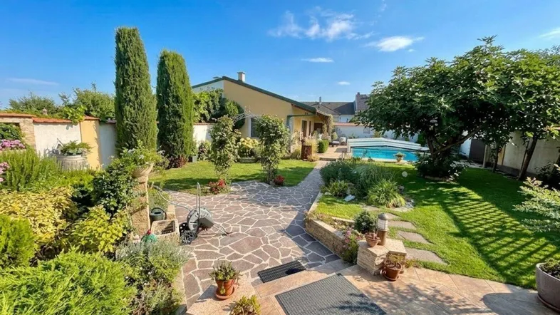 Gepflegter Garten mit Pool, großer Rasenfläche und mediterranen Pflanzen unter blauem Himmel.