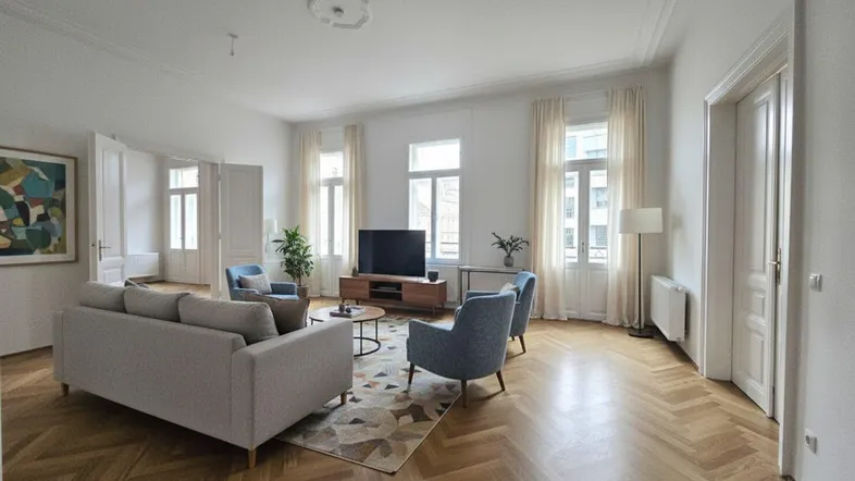 Helles Wohnzimmer mit Fischgrätparkett, Stuckdecken und moderner Einrichtung.