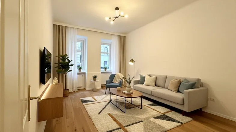 Helles Wohnzimmer mit modernem Design, Holzboden und großen Fenstern, ideal zum Entspannen.