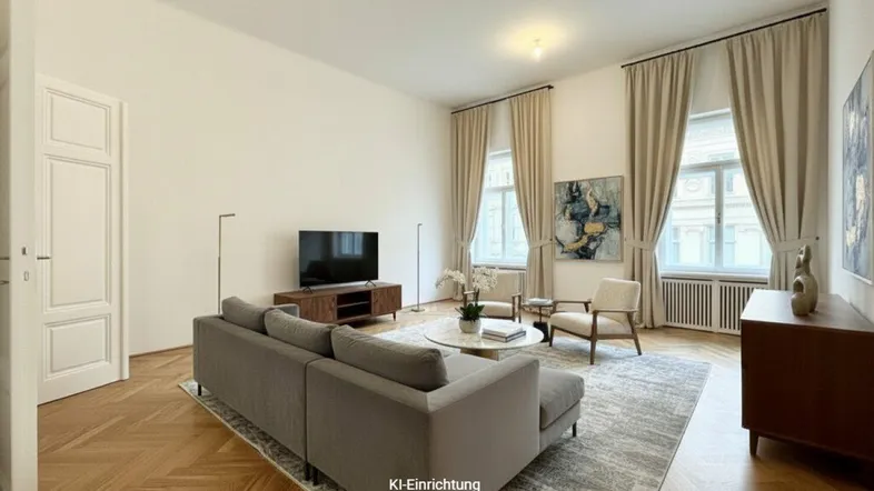 Helles Wohnzimmer mit elegantem Fischgrätparkett, hohen Decken und großen Fenstern, modern eingerichtet.