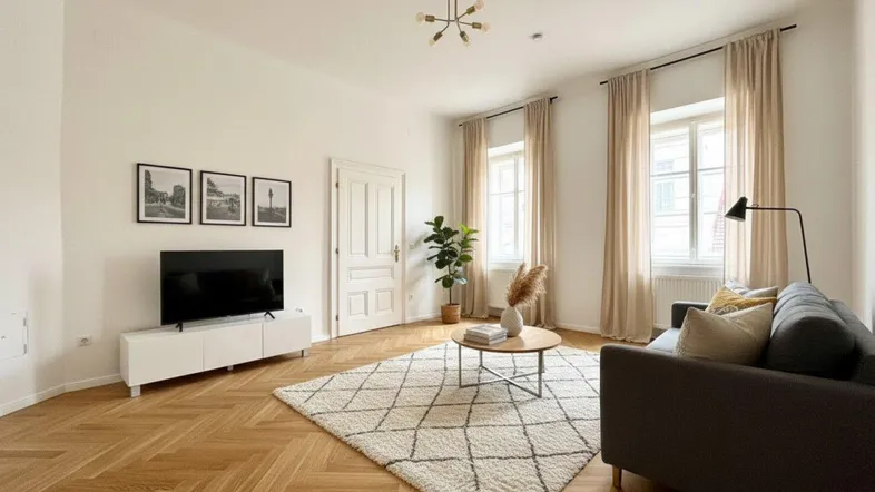 Helles Wohnzimmer mit Fischgrätparkett, modernem Sofa und stilvoller Dekoration.