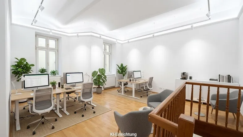 Modern eingerichtetes Büro mit mehreren Arbeitsplätzen, Computern und Pflanzen, hell und geräumig.