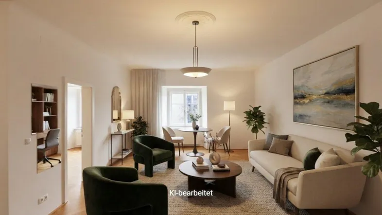 Helles und modern eingerichtetes Wohnzimmer mit hohen Decken, Stuckelementen und Blick ins Grüne.