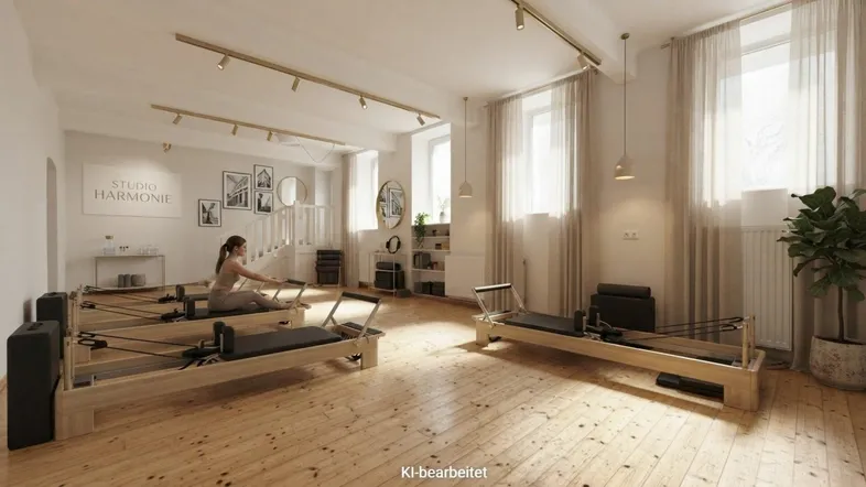 Heller Pilates-Trainingsraum mit Holzboden, hohen Decken und großen Fenstern, die viel Tageslicht hereinlassen.