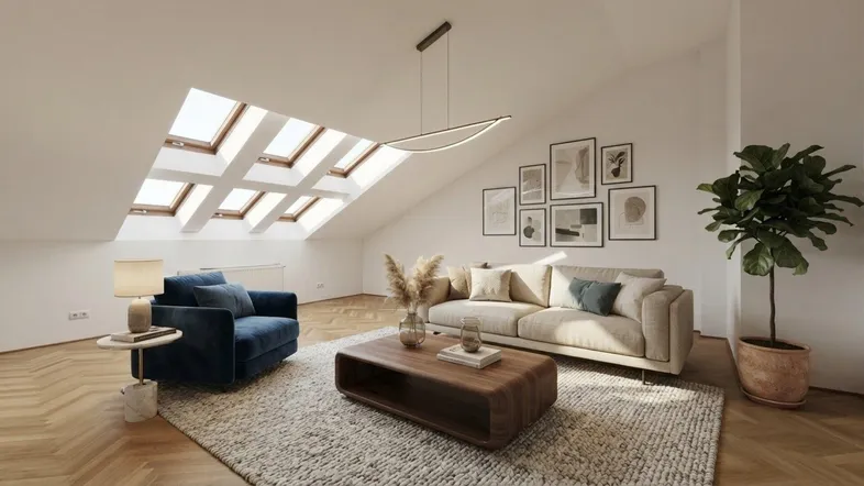 Helles Dachgeschoss-Wohnzimmer mit schrägen Wänden, Dachfenstern und modernem Mobiliar.
