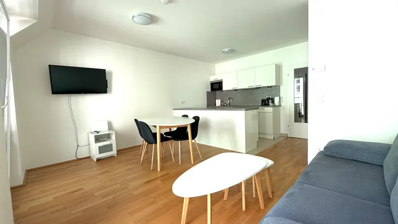 Geräumiger Wohn-Essbereich mit integrierter Küchenzeile, Holzboden und moderner Einrichtung.