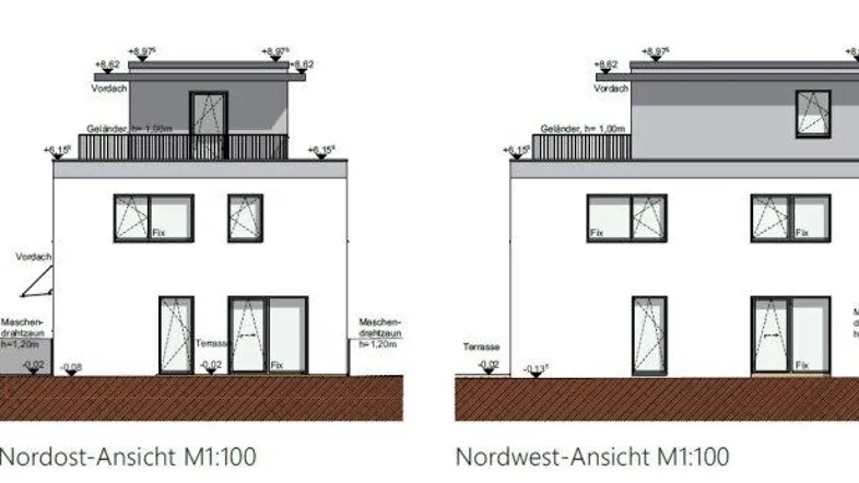 Architektonische Ansichten des Gebäudes von verschiedenen Seiten mit Flachdach und Balkonen.