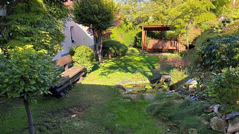 Gepflegter Gartenbereich mit Rasenfläche, Teich, Holzbank und Schaukel unter Bäumen.