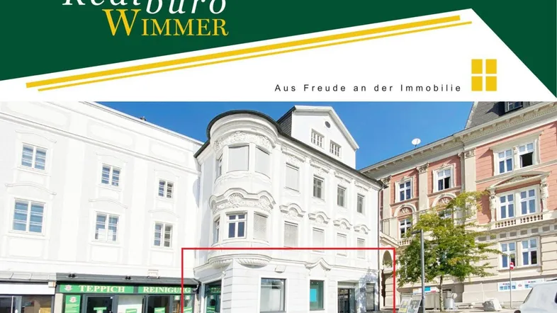 Außenansicht des historischen Gebäudes mit einer Werbeüberlagerung und markiertem Erdgeschossbereich.