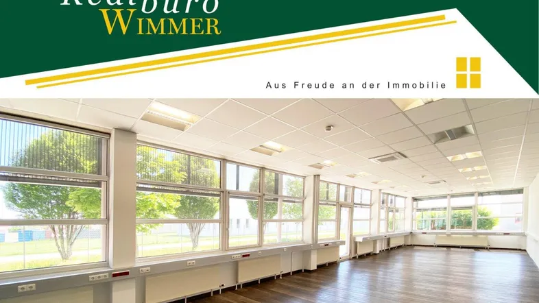 Heller Büroraum mit großen Fenstern, Holzboden und abgehängter Decke, ideal für flexible Arbeitsplatzgestaltung.