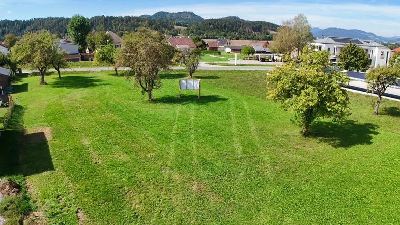 Weitläufiges grünes Grundstück mit Bäumen und Blick auf die umliegende Landschaft und Berge.