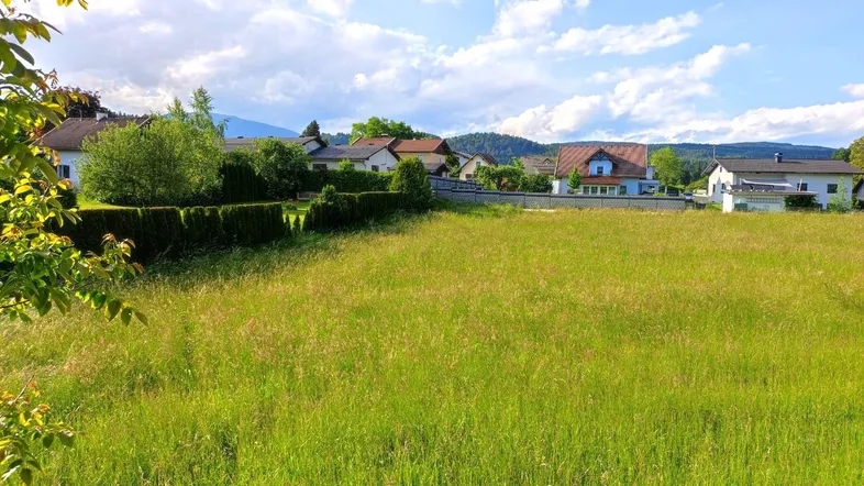 Weitläufige grüne Wiese mit Häusern und Bäumen im Hintergrund unter einem teilweise bewölkten Himmel.