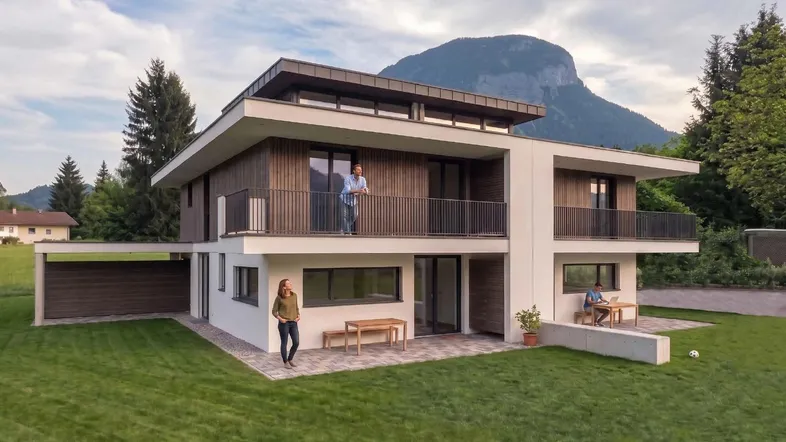 Modernes Einfamilienhaus mit Holzfassade, großen Balkonen und Bergblick in ländlicher Umgebung.