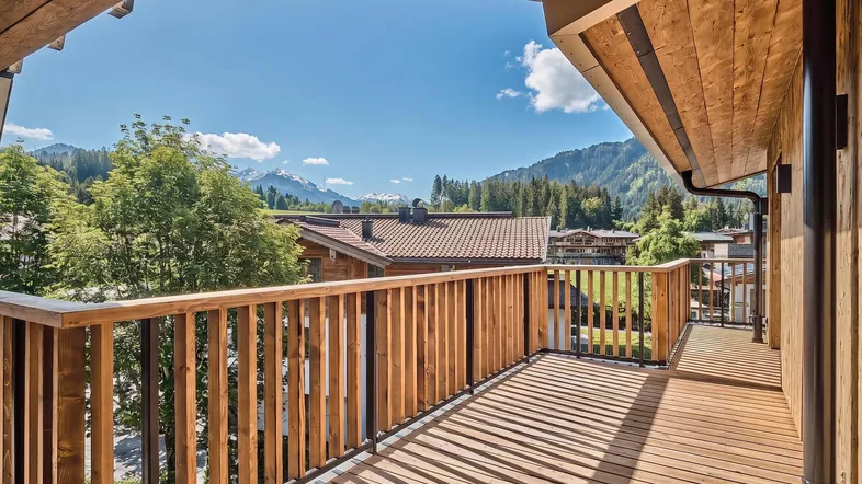 Geräumiger Balkon mit Holzboden und Geländer, bietet einen weiten Blick auf die umliegende Berglandschaft.