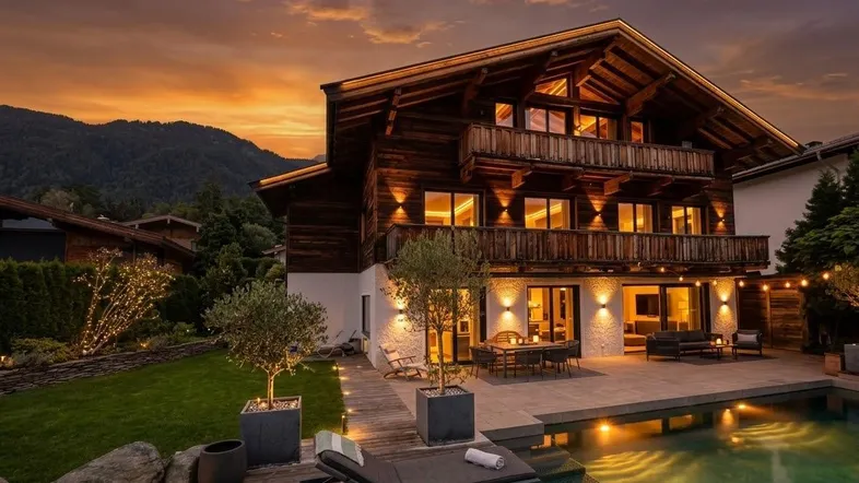 Luxuriöses Chalet mit beleuchtetem Poolbereich und Bergblick bei Sonnenuntergang, ideal für entspannte Abende.