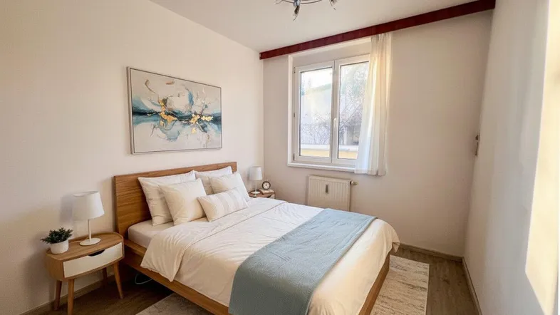 Gemütliches Schlafzimmer mit Doppelbett, Holzfliesenboden und Fenster.