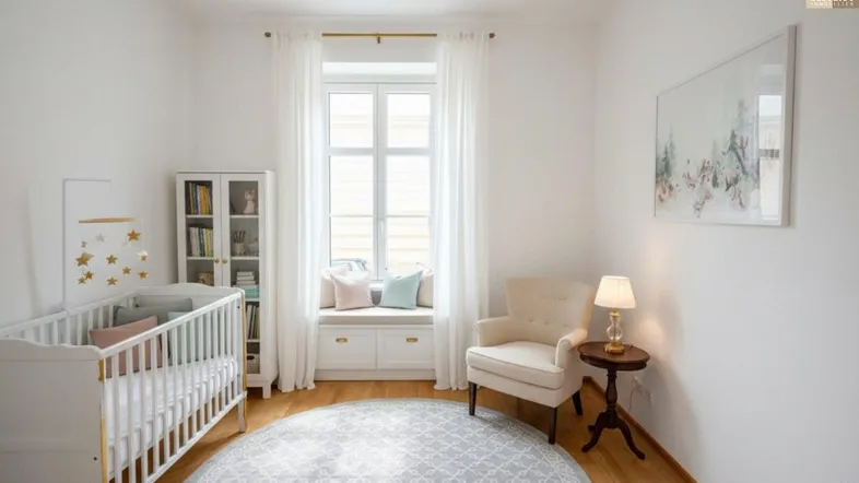 Helles Kinderzimmer mit Babybett, Fensterbank als Sitzgelegenheit und Parkettboden.