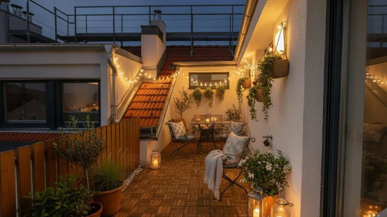 Gemütliche Dachterrasse am Abend mit Lichterketten, Pflanzen und Essbereich, ideal zum Entspannen.