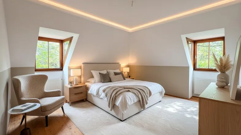 Helles Schlafzimmer mit gemütlichem Bett, Holzdielenboden und schrägen Dachfenstern.
