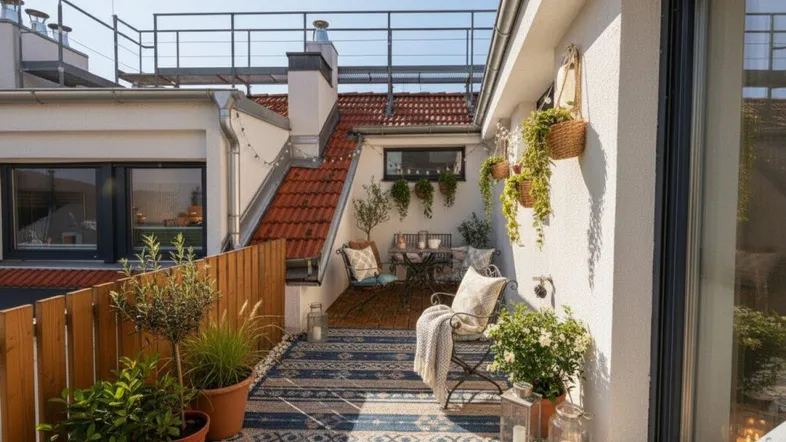 Sonnige Dachterrasse mit gemütlicher Sitzecke, vielen Pflanzen und weitem Blick über die Dächer.