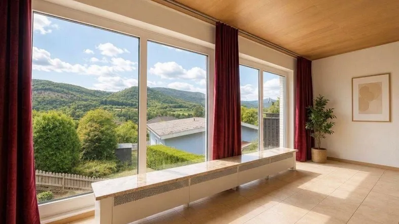 Helles Zimmer mit großen Fenstern, die einen weiten Blick auf die grüne Landschaft bieten.