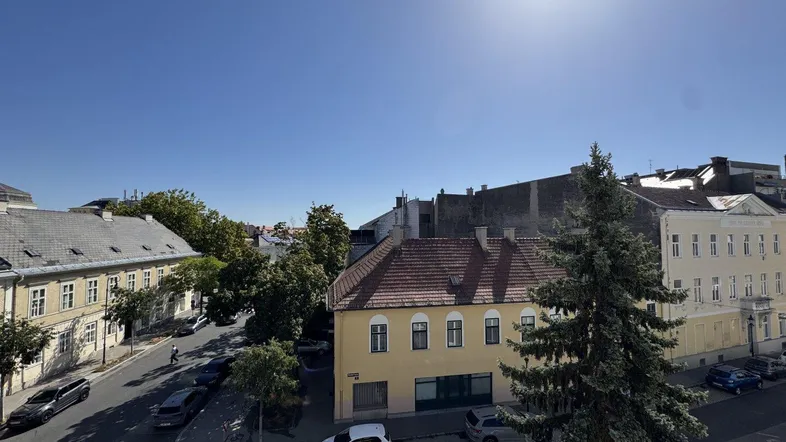 Panoramablick auf eine sonnige Straße mit historischen Gebäuden und grünen Bäumen.