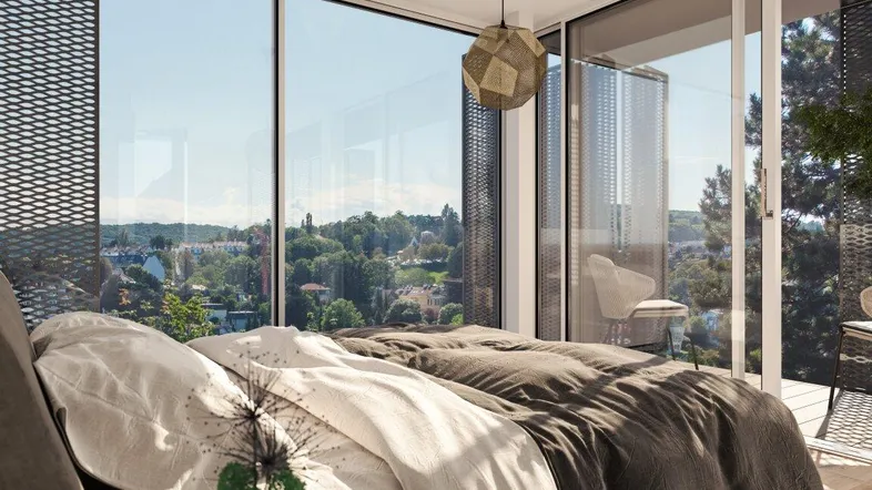 Helles Schlafzimmer mit raumhohen Fenstern, Panoramablick und modernem Design.